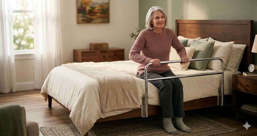 Senior woman using a chrome bed rail to stand safely from her bed