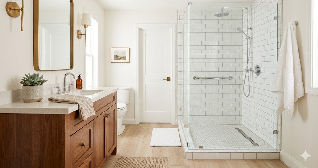 Polished chrome grab bar in a beautifully renovated walk-in shower