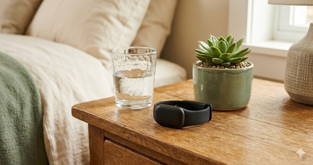 Modern medical alert wristband on a nightstand next to a succulent