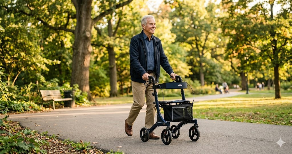 Senior man confidently using a modern rollator walker in a sunny park