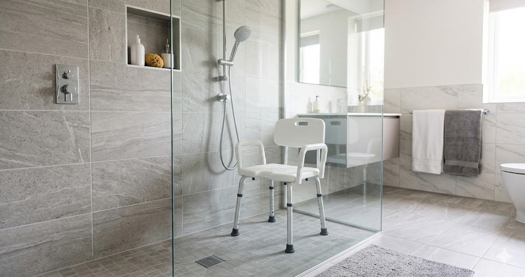White shower chair with adjustable legs in a modern tiled walk-in shower
