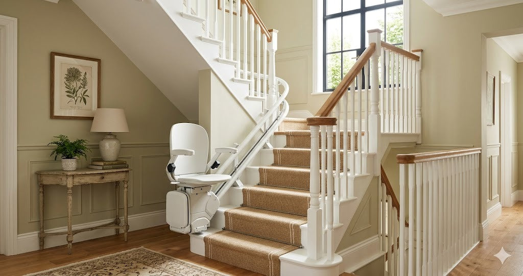 White stair lift chair mounted on a home staircase