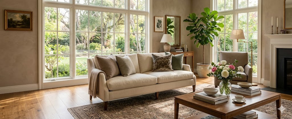 Warm aspirational living room for Home Roost homepage hero